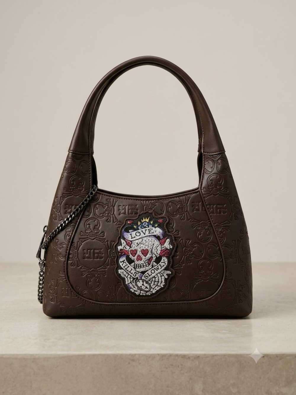 🆕️Ed Hardy Love Kills Slowly Rhinestone Skull Embossed Leather Bag Handbag